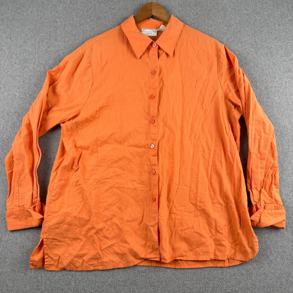 Worthington Essentials Button Up Women XL Orange Salmon Linen Cotton Long Sleeve